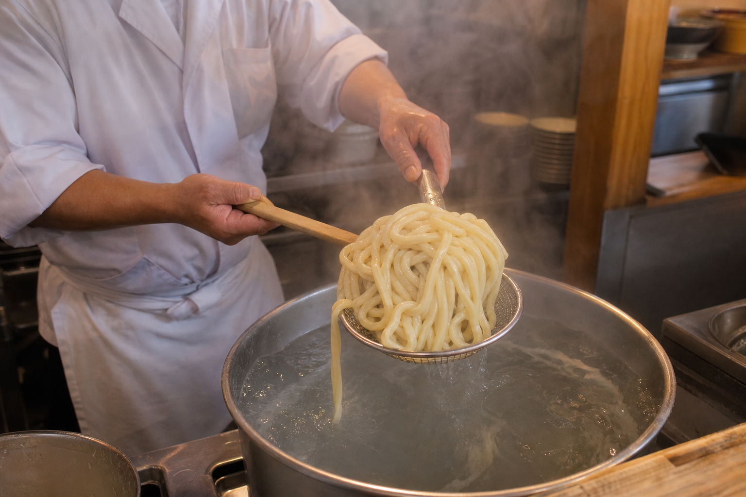 厨房でうどんを湯切りする場面。湯気と木の質感。