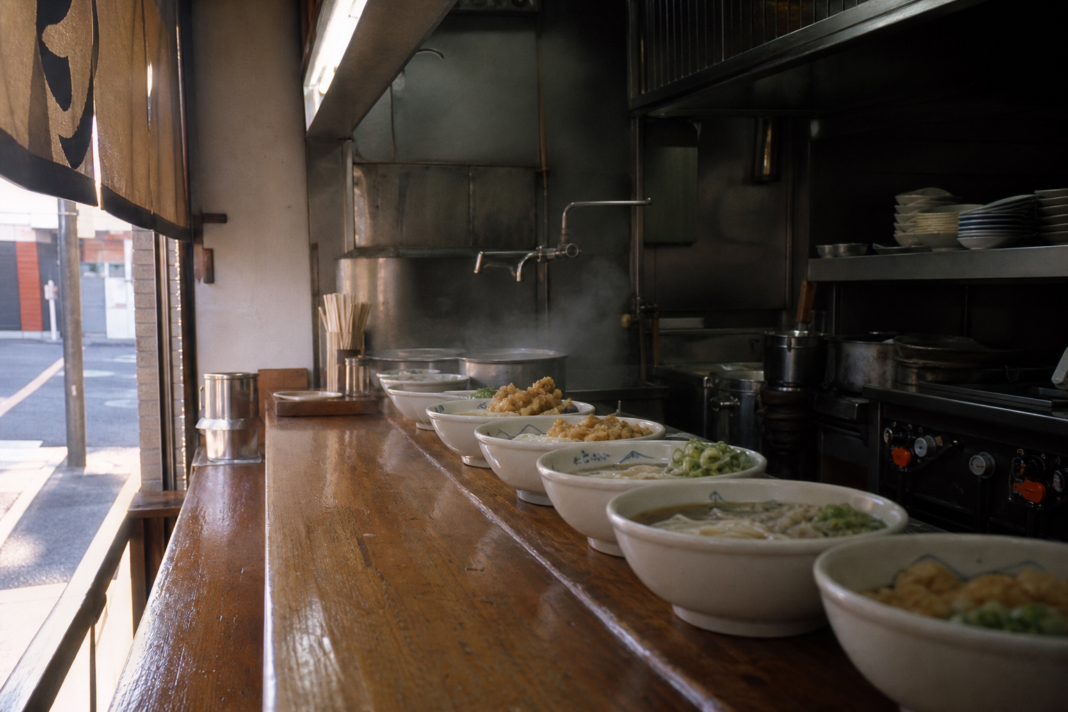 大阪・本町。木製カウンターに並ぶ温かいうどん茶碗と出汁の湯気。