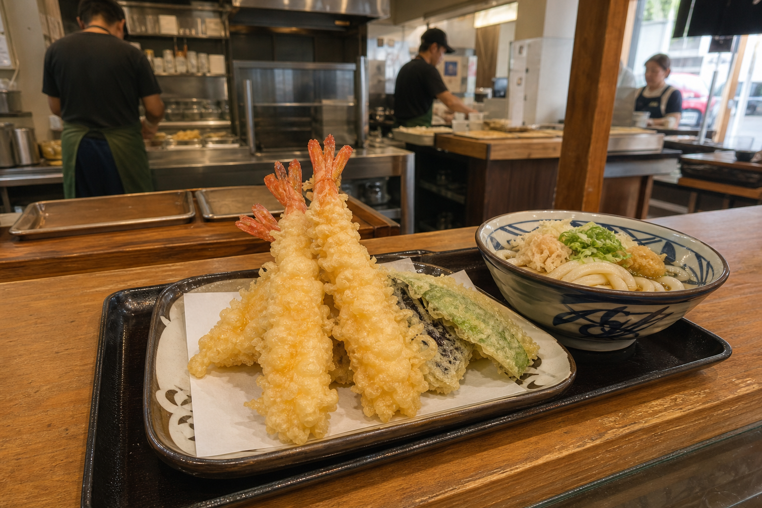 竹かごに並んだ揚げたての天ぷら。