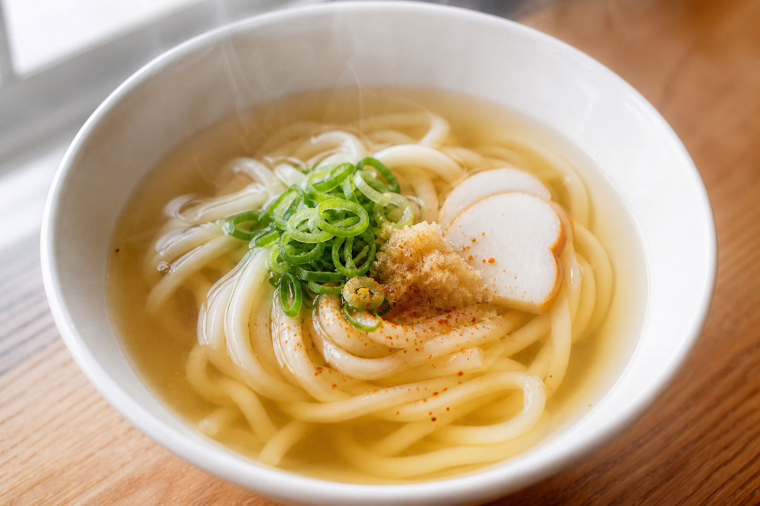 出汁の湯気が立つうどん鉢。すっきりとした淡い色のつゆ。