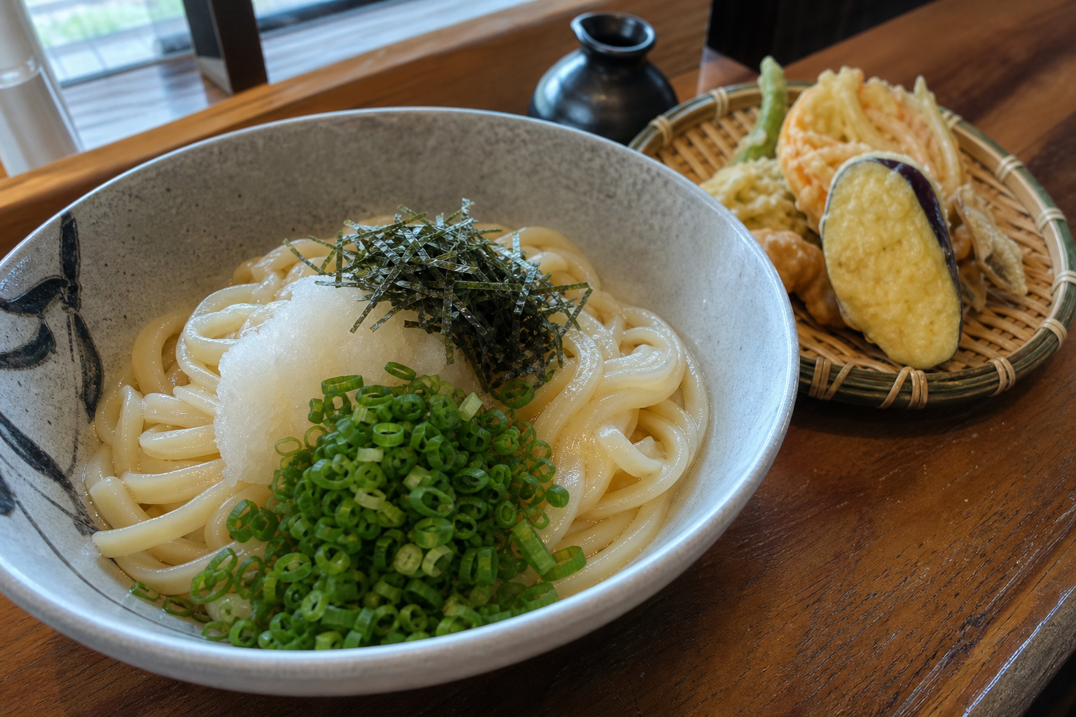 お盆に載ったうどんと、香ばしさのある天ぷら。自然光の店内。