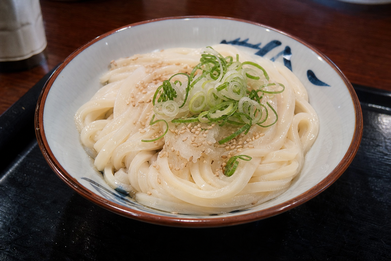 季節のぶっかけうどん。ねぎや海苔がのった丼。