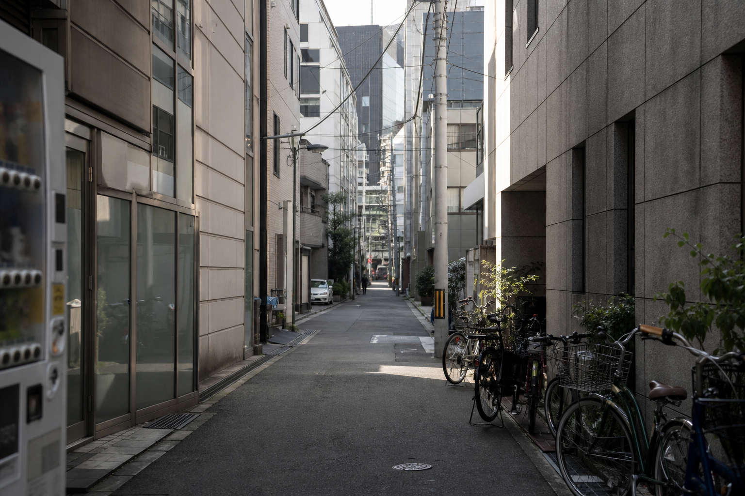 汁屋の小道。店舗近隣の街路の昼下がり。